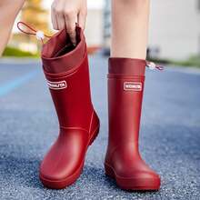 女款 PVC 防水雨靴，戶外防水鞋，春季旅行雨靴，簡約通勤，防滑舒適，中筒，男款釣魚靴，紅色 - 紅色 - 查看 2