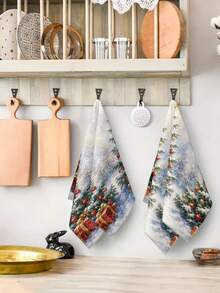 2pcs/4pcs Watercolor Snowy Christmas Tree Kitchen Towels, Falling Snow Christmas Tree Colorful Balls Red Gift Box Print, Cozy Holiday Hand Towels, Kitchen Baking Decor Towels - Multicolor - View 5