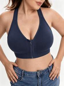 1pc Women's Plus Size Solid Color Front Zipper Sports Bra, Removable Padding Fitness Yoga Backless Tank Top - Navy Blue - View 5