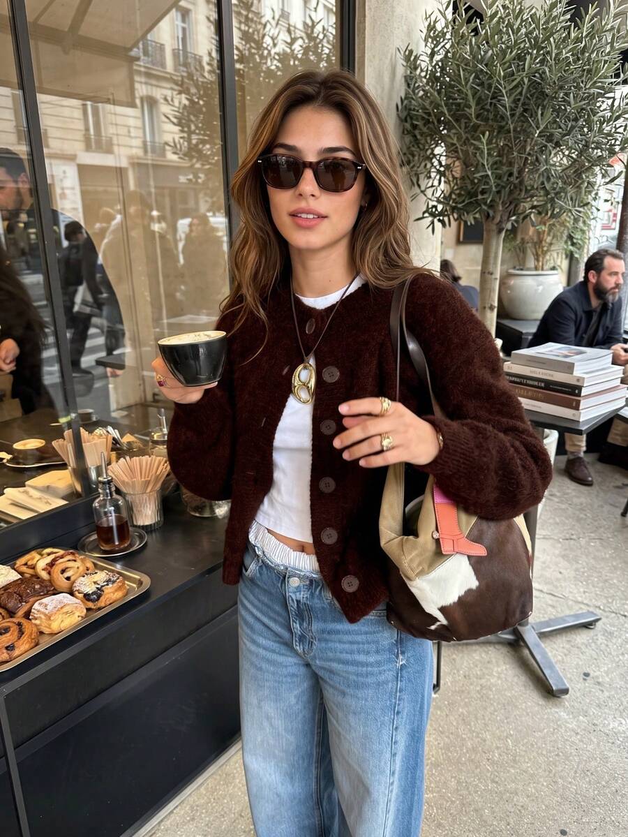 Senya Women's Autumn/Winter New Coffee Color Plush Round Neck Front Button Knit Cardigan, Loose Lazy Warm Comfortable Sweater Cardigan, Long Sleeve Commuter Top - Coffee Brown - View 1
