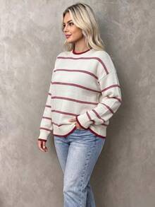 Chic Plus Size Women's Cream & Red Striped Knitted Sweater, Comfortable Round Neck Long Sleeve Loose Fit Drop Shoulder Top For Everyday Wear - White - View 3
