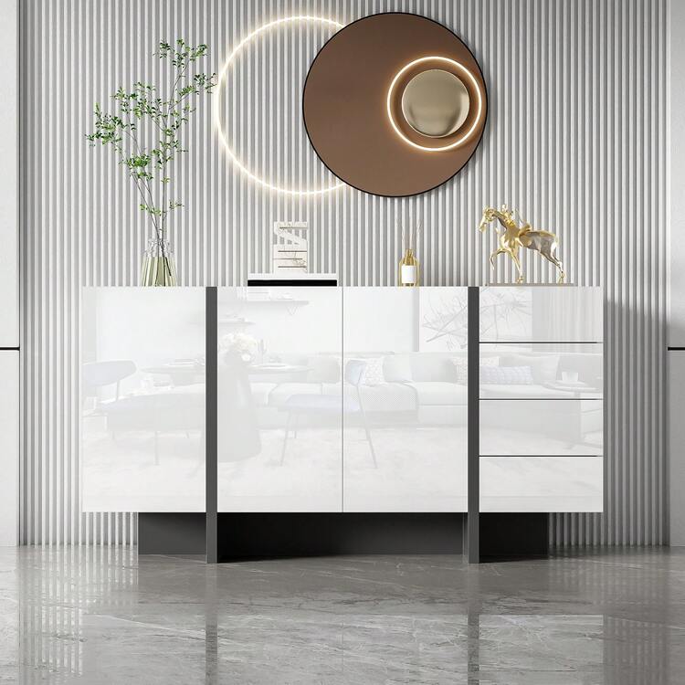 Sideboard Black With Storage With Drawers With Doors Made Of Wood For Dining Room And Living Room - Black and White - View 9