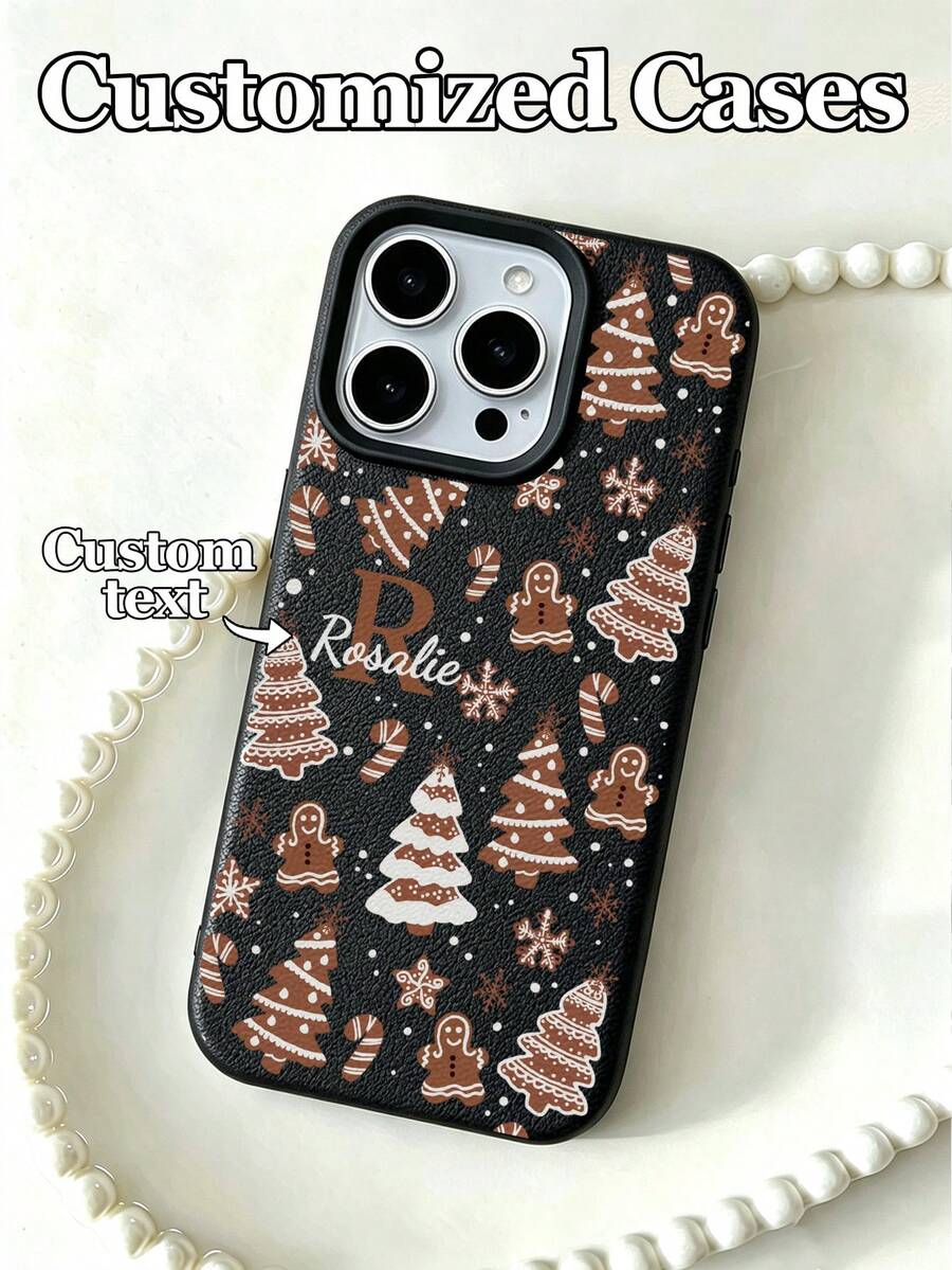 1pc Customizable Text & Letter Design Christmas Gingerbread Man Pattern Black Phone Case, Compatible With IPhone 17 Pro Max/17 Air/16E/16 Pro Max/15/14 Plus/13/12/11, S24/20 Ultra/A52S/A31 A21S/A13/A05S, Compatible With Redmi Note 13 Pro Plus/Note 10/Note 12C/Note 13C, Made Of TPU Material, Fashionable, Anti-Drop, Full Of Holiday Atmosphere, Best Gift For Family And Friends,International Version, Not The Domestic Version - Black - View 1