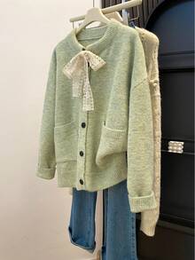 Women's Sweet Style Lace Bow Knitted Cardigan, Fashion Button Sweater Jacket, Suitable For Autumn/Winter Halloween Thanksgiving Christmas - Green - View 7