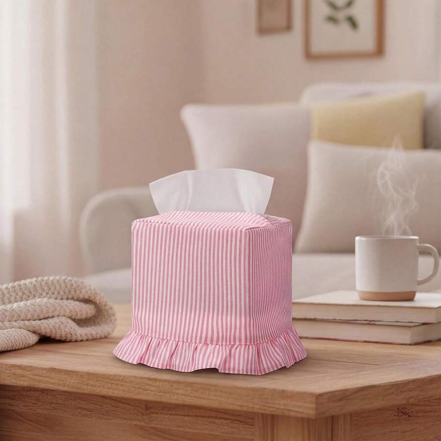 1 قطعة بطانية صندوق مناديل قماشية مخططة بكشكشة، بطانية تخزين مناديل مربع بأسلوب ريفي، حامل صندوق مناديل ديكوري قابل للغسل، مناسب لغرفة النوم والمكتب وغرفة المعيشة وديكور المنزل - مشاهدة 1