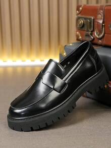 Men's Minimalist Thick Sole Slip-On Loafers, Comfortable Business Casual Daily Wear Shoes - Black - View 2