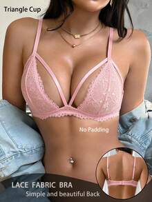 1件女款性感半透蕾絲無鋼圈無墊舒適後扣綁帶設計三角杯內衣 - 粉色 - 查看 5