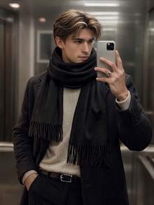 1PC Fashion Casual Solid Black Wool Cashmere Pashmina Scarf, Unisex Casual Tassel Shawl, Suitable For Daily Wear, Autumn/Winter - Black - View 1