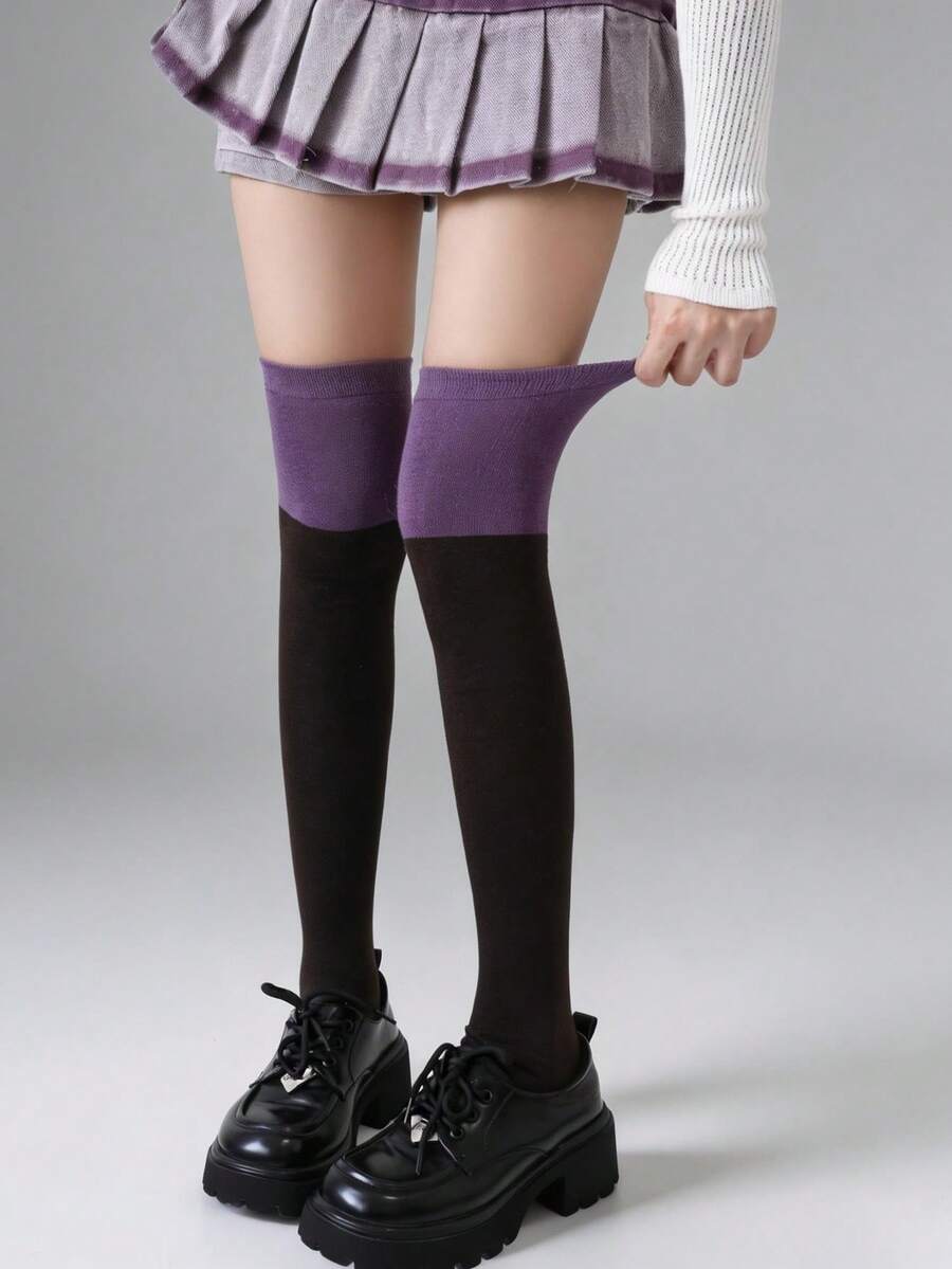 Purple Patchwork Over-The-Knee Socks, Color Block Socks For Women, Thickened Autumn/Winter Warm, Japanese Style Pure Cotton High Tube Long Socks - Multicolor - View 1