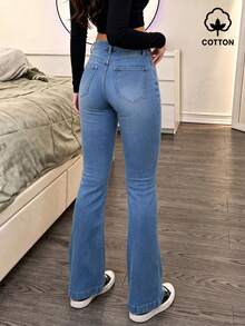 MYOURSA Low Waist Flared Jeans Y2K Stretch Bell Bottom Denim Pants Women's Campus Summer Casual Daily Wear - Medium Wash - View 4