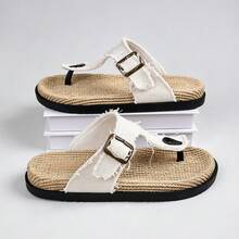 Men's Frayed Edge Adjustable Buckle Thong Flip Flops, Vintage Slouchy Summer Daily Beach Casual Flat Sandals - White - View 2