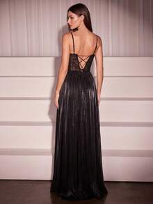 BluePlum Elegant Tulle Spaghetti Strap Boned High Waist Tie Back Open Back Formal Evening Gown, Suitable For Prom, Wedding Guest, Date, Dinner - Black - View 5