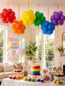 61pcs/Set Rainbow Color Balloon Cluster Ceiling Hanging Balloon Set, Includes Gold Ribbon, Multiple Colors Latex Balloons, Suitable For Rainbow Birthday Party, Rainbow Theme Party, Candy, Lawn Picnic Gathering, Decoration - Multicolor - View 3