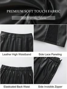 ARA CHIC Women's Black Faux Leather Mini Skirt, Side Lace Patchwork, High Waist Slim Fit Pencil Skirt, Sexy Outing Nightclub Party Dress, Autumn - Black - View 7