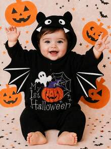 H HIBOBI Infant Halloween Bat Hooded Romper 0-9M Baby Fleece Crawler Embroidered Pumpkin Ghost Pattern Newborn Photo Party Outfit - Black - View 1