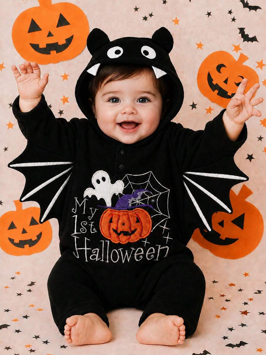 H HIBOBI Infant Halloween Bat Hooded Romper 0-9M Baby Fleece Crawler Embroidered Pumpkin Ghost Pattern Newborn Photo Party Outfit - Black - View 1