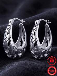 1pc S925 Sterling Silver European Hollow Floral Pattern Earrings, Perfect For Daily Wear And Anniversary Gift, Comes With Gift Box - Silver - View 3