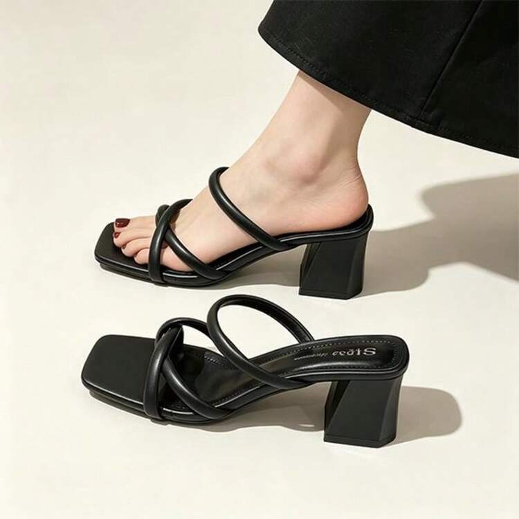 GAN AI Sandalias de tacón alto grueso con punta puntiaguda y media cubierta para mujer, estilo elegante y de moda, adecuadas para fiestas informales y otras ocasiones. - Blanco y Negro - Añade 3