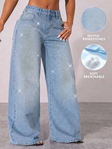 Low-Waist Wide-Leg Casual Blue Jeans With Slant Pockets & Beaded Embellishment Spring - Teal Blue - View 7