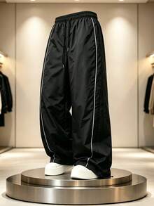 Men's Loose Fit Nylon Casual Sports Long Pants, Lightweight Wide Leg Pants, Elastic Drawstring Waist, White Side Trim, Suitable For Street Daily Wear - Black - View 5