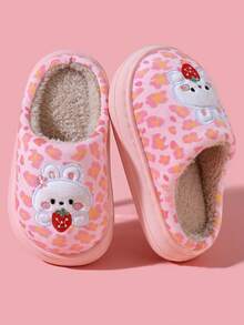 Girls' Cute Cartoon Indoor Bedroom Fuzzy Closed-Toe Slippers, Simple And Fashionable - Pink - View 1