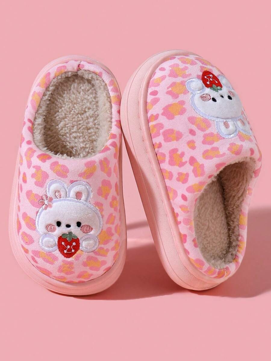 Girls' Cute Cartoon Indoor Bedroom Fuzzy Closed-Toe Slippers, Simple And Fashionable - Pink - View 1