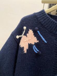 Women's Navy Blue Pom Pom Bow Knit Cardigan, Button Front Sweater Jacket, Suitable For Coffee Date, Autumn/Winter, Halloween, Thanksgiving, Christmas - Navy Blue - View 9
