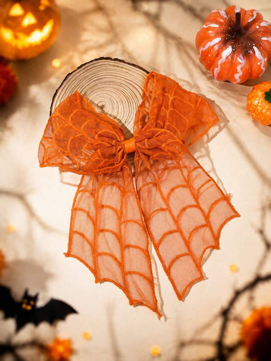 1pc Halloween Orange Spider Web Embroidered Mesh Bow Hair Clip, Cute Hair Accessory For Girls, Party Hair Accessory - Multicolor - View 1
