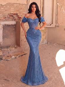 Faeriesty Glamorous, Elegant Open Shoulder Sequin Mermaid Evening Gown With Floor-Length Train - Fitted Flare Silhouette, Intricate Embroidery Fall Wedding - Dusty Blue - View 5