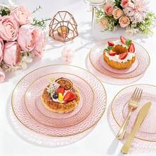 20pcs Pink Gold Rim Dinner Plates, Exquisite Hard Party Plates, Suitable For Various Parties, Banquets, Birthday Celebrations, Wedding Banquets, Anniversary, Business Receptions, Etc., 7.5 Inch Plates And 10.25 Inch Plates - Pink - View 2