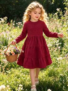 Girls' Spring/Autumn Long Sleeve Dress Single Piece (Accessories Not Included) Burgundy Corduroy Vertical Ribbed Texture Fabric, Suitable For Family Outings, Holiday Gatherings, Daily Wear, Gentle French Style Princess Dress - Red - View 2