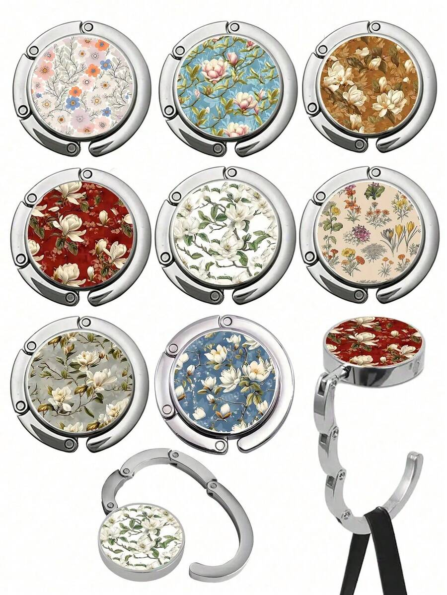 Elegante Gancho para Cartera de Aleación de Zinc con Diseño Floral en Acuarela Vibrante - Colgador de Bolso Plegable para Mujer, con Hojas y Pétalos Verdes a la Moda, Ideal para Organización