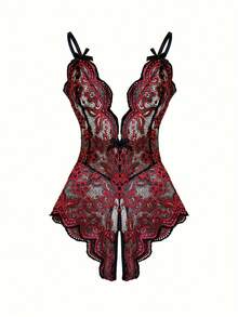 Women's Sexy Semi-Sheer Lace Teddy Jumpsuit - Deep V Lace Trim Design, Sheer Jumpsuit, Plus Size Floral Hollow Lace - Black - View 2