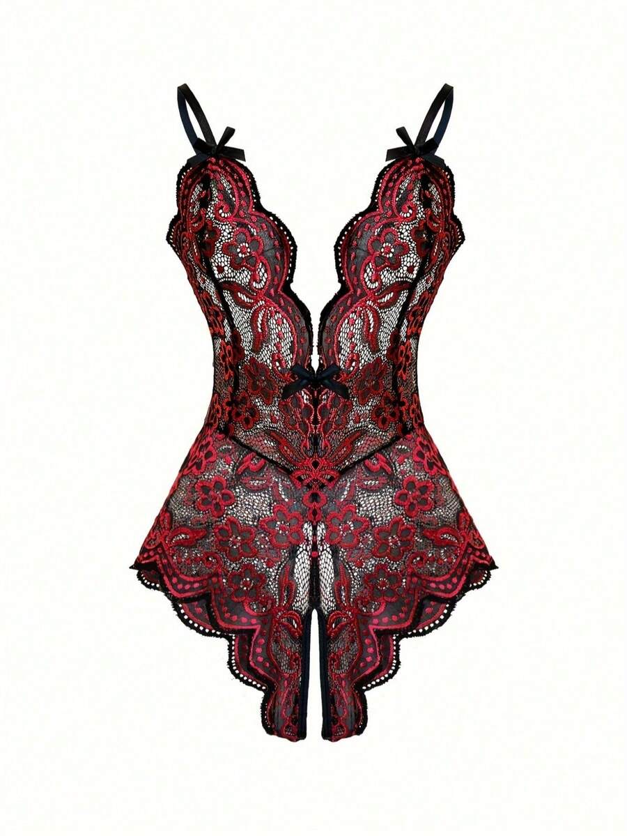 Women's Sexy Semi-Sheer Lace Teddy Jumpsuit - Deep V Lace Trim Design, Sheer Jumpsuit, Plus Size Floral Hollow Lace