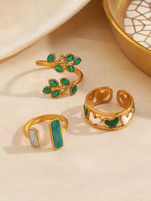3pcs/Set Stainless Steel 18K Gold Plated Minimalist Green Oil-Drip Leaf & Heart Ring Set, Suitable For Women's Daily And Holiday Wear - Multicolor - View 2