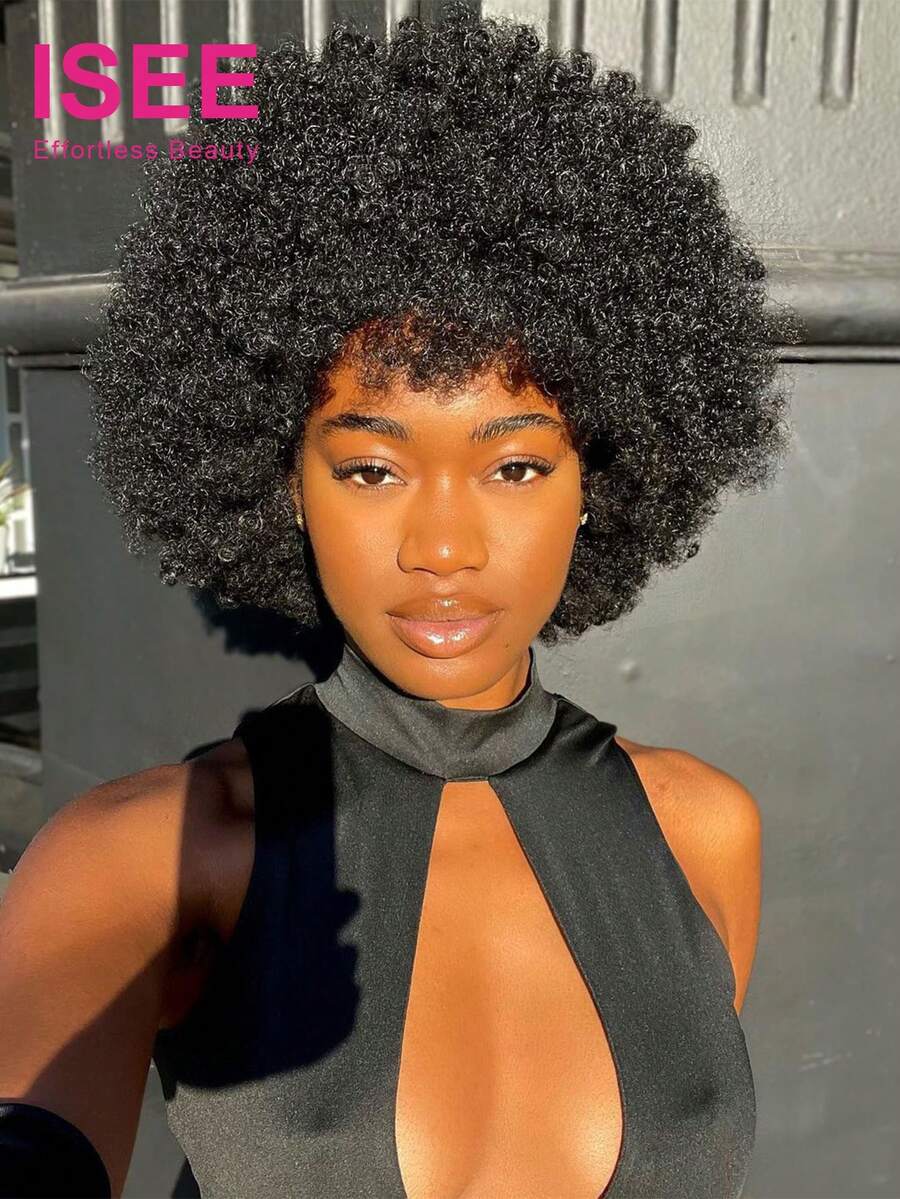 ISEE HAIR Afro Afro Curly Pixie Cut Human Hair Wigs Full Machine Made With Bangs Human Hair Natural Black 200% Density 12 Inch Natural Looking Affordable For Women - S1 - View 1