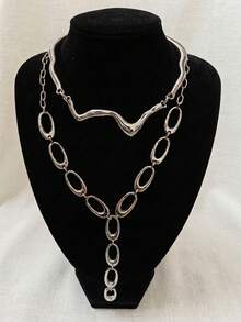 2pcs Liquid Lava Geometric Exaggerated Circle Patchwork Chain Multi-Layer Necklace Jewelry Set - Silver - View 3