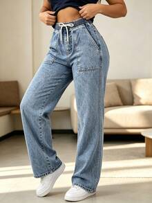 Pantalones vaqueros de corte amplio con cinturón elástico y cordón, bolsillos de trabajo amplios, tela suave lavada para disimular las piernas y favorecer la silueta casual diaria - Zhonglan - Ver 4