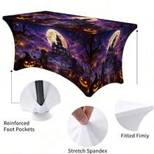 1pc Halloween Pattern Printed High Elasticity Tablecloth With Elastic Band - Stretchable Fit, Washable And Reusable Table Cover, Suitable For Dining Table, Buffet Table, Dessert Table, Banquet, Holiday Party Decoration, Halloween, Birthday, Wedding - Suitable For Kitchen Use - Multicolor - View 4