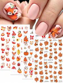 FULL BEAUTY 2/4pcs Autumn Red Maple Leaf & Fox Nail Stickers, Includes Floral, Pumpkin, Red Fox, Autumn Leaves, Colorful Lights Nail Decals, Autumn Nail Art Decoration DIY Thanksgiving Nail Supplies - Multicolor - View 2