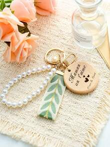 Personalized Engraved Name Keyring, Fabric Leaf Lanyard With Faux Pearl Wrist Chain & Shell Pearl Charm Pendant - Multicolor - View 5