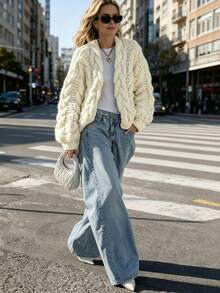 Women's Autumn/Winter Fashion Casual Commuter Ribbed Loose Short Cardigan, Handmade Thick Knit Design Fall - Beige - View 1