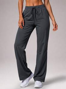CZRLHYT Women's Summer Elastic Waist Drawstring Straight Woven Pants, Casual Outdoor Vacation Airport Office Work Pants - Dark Grey - View 1
