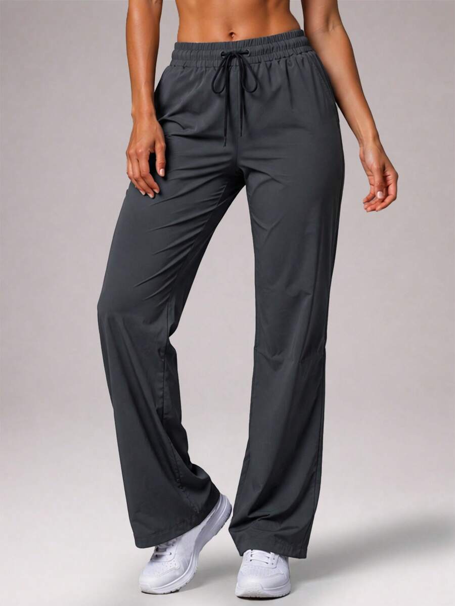 CZRLHYT Women's Summer Elastic Waist Drawstring Straight Woven Pants, Casual Outdoor Vacation Airport Office Work Pants - Dark Grey - View 1