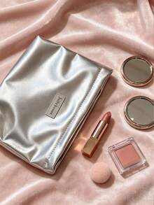 1 Pc Silver Solid Makeup Bag, Minimalist Shiny Fabric Rectangular Zipper Pouch, Portable Cosmetic Storage Bag For Travel Daily Use All Season,Wigs,Makeup Bags - Multicolor - View 7