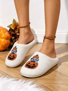 Halloween Pumpkin Dog Embroidered Plush Couple Slippers, Women's Men's EVA Non-Slip Thick Sole Indoor Outdoor Warm Home Slippers - White - View 2