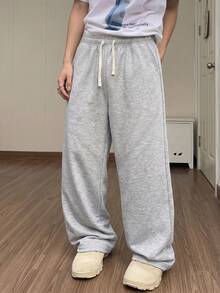 American Retro Wide Leg Sweatpants For Men, Loose Drape Concealing And Slimming, Drawstring High Waist Design Suitable For Various Body Types. Versatile For Daily Commute, Streetwear, Fashionable Men's Casual Long Pants - Light Grey - View 5
