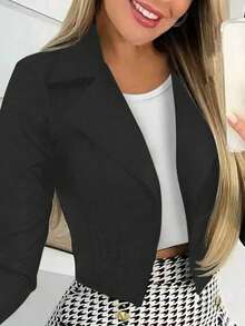 1件女款優雅時尚通勤短版針織西裝外套，翻領、長袖、前開襟、鈕扣設計，黑色，秋季 - 黑色 - 查看 2