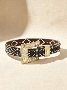 APLCSEY 1pc Women's Black & Camel PU Rhinestone Chain Belt, Fashionable Bohemian Style Leather Belt Suitable For Daily Wear - Coffee - View 2