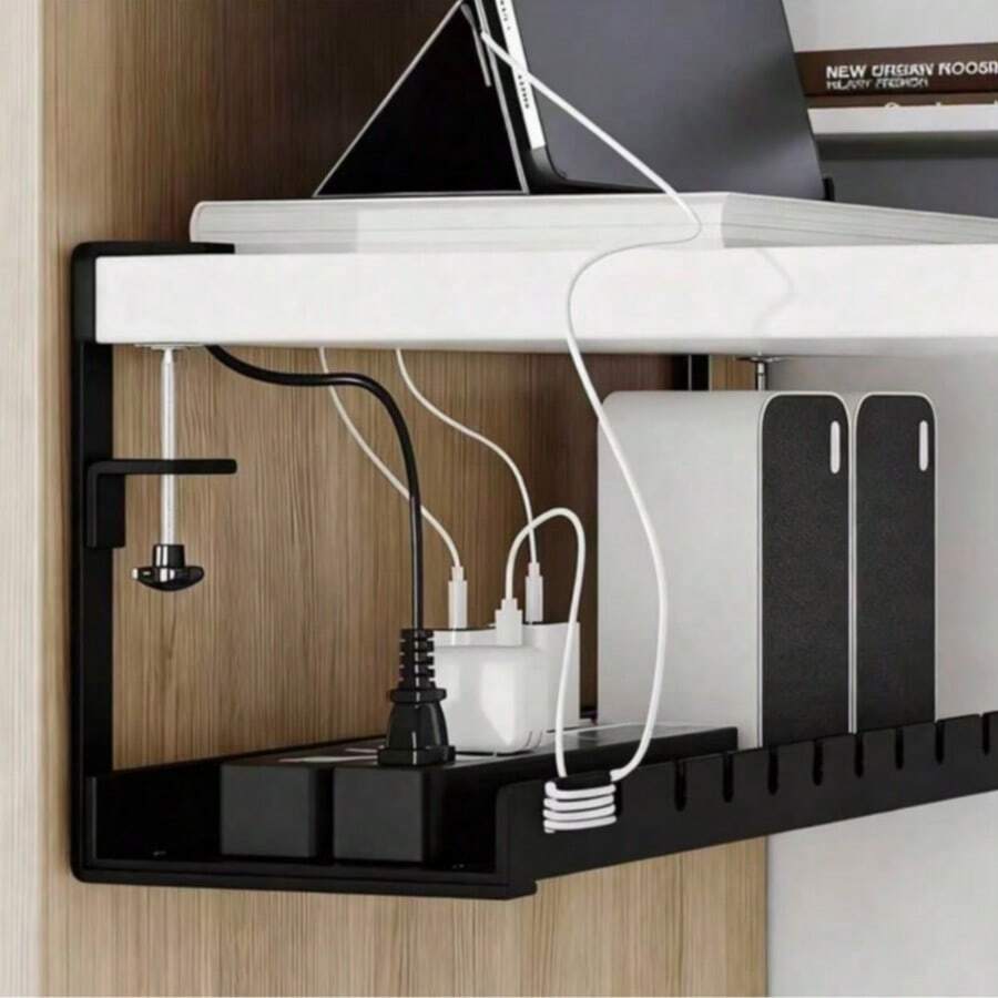 Bandeja de Gerenciamento de Cabos Sem Furos para Debaixo da Mesa, Organizador de Armazenamento Doméstico, Adequado para Armazenamento de Cabos e Fixação de Régua de Energia, Acompanha Abraçadeiras de Cabo e Clipes de Montagem, Suporte de Gerenciamento de Cabos Oculto Montado na Parede, Comprimento Ajustável - Preto - Visão 1